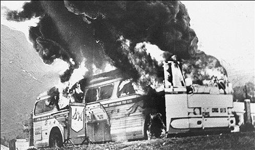 Fire bombed Greyhound Bus of the civil rights Freedom Riders following an attack...